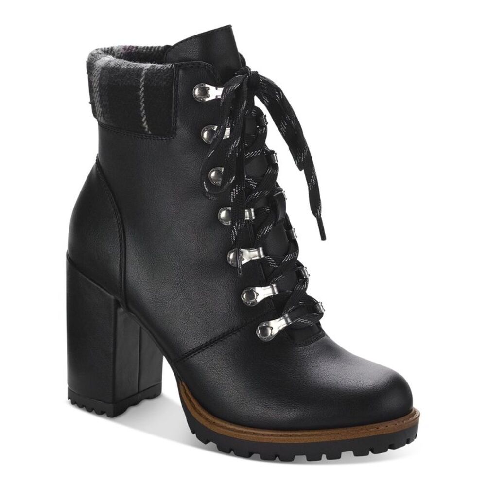 NWT SUN STONE Womens Black Up Octavia Round Toe Block Heel Hiking Boots 7 M